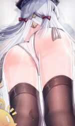  absurdres ahoge ass azur_lane bare_back bird black_headwear black_thighhighs chick commentary_request female flandre_(azur_lane) from_below hair_ribbon hat highres leotard long_hair long_sleeves low_twintails manjuu_(azur_lane) notice_lines pekoli red_ribbon ribbon simple_background sweatdrop thighhighs twintails white_background white_hair white_leotard 