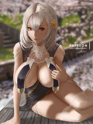  arm_support azur_lane blurry blurry_background braid breast_curtains breasts cherry_blossoms china_dress chinese_clothes cleavage dress feet_out_of_frame female garter_straps lace large_breasts lolliedrop long_hair lying official_alternate_costume on_side outdoors pelvic_curtain pink_lips realistic red_eyes revealing_clothes see-through see-through_sleeves side_braid sirius_(azur_lane) sirius_(azure_horizons)_(azur_lane) solo two-tone_leotard white_hair 