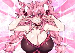  absurdres animal_ears blush bow breasts cleavage emotional_engine_-_full_drive fangs fate/grand_order fate_(series) female food fox_ears fox_girl fruit highres huge_breasts indie_virtual_youtuber jewelry kireina_(osiimi) looking_at_viewer mole mole_on_breast necklace osiimi parody pink_background pink_eyes pink_hair ponytail smile solo strawberry upper_body v virtual_youtuber 