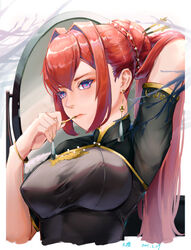  2021 absurdres arm_up azur_lane black_dress breasts china_dress chinese_clothes dress earrings female gold_trim hand_in_own_hair highres jewelry large_breasts long_hair monarch_(azur_lane) monarch_(black_gerard)_(azur_lane) official_alternate_costume purple_eyes red_hair short_sleeves signature solo taut_clothes taut_dress upper_body wenying 