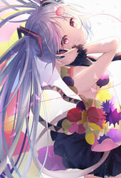  absurdres belt black_skirt blue_hair commentary cowboy_shot female from_behind hair_ornament hand_on_headphones hand_up hatsune_miku highres long_hair looking_at_viewer looking_back miniskirt multicolored_shirt noneon319 purple_eyes shirt skirt sleeveless sleeveless_shirt smile solo speech_bubble tell_your_world_(vocaloid) twintails twitter_username very_long_hair vocaloid wrist_cuffs 