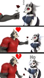  3d_(artwork) absurd_res anthro broken_heart canid canine canis clothing digital_media_(artwork) domestic_dog duo female flower fur hair heart_symbol helluva_boss hi_res husky loona_(aeridiccore) loona_(helluva_boss) luciamaribela male male/female mammal nordic_sled_dog petruz_(copyright) plant rejection rose_(flower) sad source_filmmaker_(artwork) spitz wolf wolf_(petruz) 