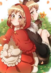  2girls animal_ears bad_id bad_pixiv_id big_bad_wolf big_bad_wolf_(cosplay) blonde_hair blush braid brown_eyes capelet closed_mouth commentary_request cosplay dual_persona fake_animal_ears flower hair_ornament hairclip highres little_red_riding_hood little_red_riding_hood_(grimm) little_red_riding_hood_(grimm)_(cosplay) looking_at_viewer multiple_girls red_capelet senki_zesshou_symphogear shiny_skin short_hair sitting smile tachibana_hibiki_(symphogear) tachibana_hibiki_(symphogear)_(another) tail wolf_ears wolf_tail yukitsuba_hina 