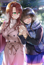  2girls abe_hikaru absurdres bag black_hair black_jacket blue_bag blue_scarf blue_skirt blush breath brown_hair buttons clock closed_eyes closed_mouth coat commentary_request cowboy_shot double-breasted enpera green_eyes hair_between_eyes highres holding_hands jacket jewelry long_hair long_sleeves looking_at_another multiple_girls necklace night open_mouth original outdoors pink_bag plaid plaid_scarf pleated_skirt ribbed_sweater scarf skirt smile standing sweater tree yuri 