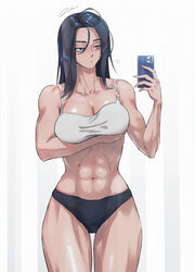  702_96 abs absurdres bare_arms black_hair blue_eyes breast_hold breasts cellphone character_request cleavage collarbone commentary_request copyright_request crop_top female highres holding holding_phone large_breasts muscular muscular_female navel phone selfie simple_background smartphone solo standing thigh_gap 