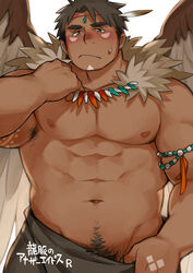  1boy abs another_eidos-r arm_tattoo armpit_hair bara black_hair black_pants blush closed_mouth clothes_pull fur_trim jewelry kuro_nezumi_inu large_pectorals male_focus male_pubic_hair muscular muscular_male navel necklace nipples pants pants_pull pectorals pubic_hair pulling_own_clothes short_hair siddeley_(another_eidos) solo tattoo topless_male wings 