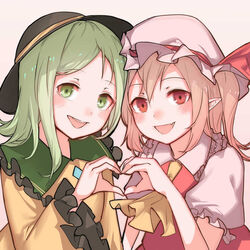  2girls arm_up ascot bad_id bad_twitter_id black_legwear blonde_hair blush bow breasts buttons commentary_request crystal diamond_button eyeball flandre_scarlet frilled_shirt_collar frilled_sleeves frills green_eyes green_hair green_skirt hat hat_ribbon heart heart_hands heart_hands_duo heart_of_string komeiji_koishi long_sleeves looking_at_viewer mob_cap multiple_girls oerba_yun_fang pointy_ears puffy_short_sleeves puffy_sleeves red_eyes red_ribbon red_skirt red_vest ribbon shirt short_hair short_sleeves skirt soku_(bluerule-graypray) third_eye touhou vest white_legwear wide_sleeves wings yellow_ascot yellow_bow yellow_ribbon yellow_shirt 