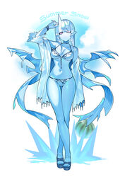  absurdres ball baniran_dorosu beachball bikini blue_nails blue_skin breasts colored_skin crossed_legs english_text female full_body hand_up highres horns looking_at_viewer monster_girl navel oni_horns original pink_eyes sandals single_horn snow_(baniran_dorosu) sweatdrop swimsuit white_background white_bikini wristband 