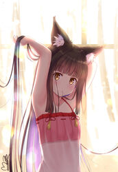  adjusting_hair animal_ears arms_up azur_lane blunt_bangs blurry blush bokeh brown_hair camisole curtains depth_of_field female fox_ears hair_in_own_mouth lingerie long_hair loose_hair_strand m_ko_(maxft2) nagato_(azur_lane) nagato_(great_fox&#039;s_respite)_(azur_lane) negligee nightgown solo sunlight underwear very_long_hair window yellow_eyes 