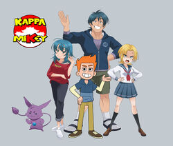  2boys 2girls alternate_design anger_vein angry arm_up black_socks blue_hair blue_jacket blue_pants blue_sailor_collar blue_shirt blue_skirt brown_footwear brown_pants cargo_shorts collarbone commentary copyright_name english_commentary gem gem_in_body gonard_(kappa_mikey) green_shorts grey_background grin guano_(kappa_mikey) hand_on_own_hip hands_on_own_hips highres jacket kappa_mikey kiana_mai light_blush lily_(kappa_mikey) logo long_hair looking_at_viewer mikey_simon mitsuki_(kappa_mikey) multiple_boys multiple_girls neckerchief open_mouth pants purple_fur red_neckerchief red_shirt sailor_collar sandals school_uniform serafuku shirt shoes short_hair shorts simple_background skirt smile socks toon_(style) waving whiskers white_footwear white_legwear white_shirt white_sleeves 