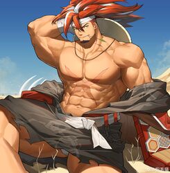  1boy abs absurdres alchemy_stars bad_id bad_weibo_id bara bare_pectorals bulge_peek clothes_down come_hither feet_out_of_frame hat_on_back highres japanese_clothes kimono large_pectorals long_hair long_sideburns looking_at_viewer male_focus mature_male multicolored_hair muscular muscular_male navel nipples no_nipples partially_undressed pectorals seductive_smile sideburns sinsa_(alchemy_stars) smile solo stomach streaked_hair tekkowang thick_eyebrows thick_thighs thighs 