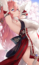  absurdres animal_ears armpits arms_behind_head arms_up bare_shoulders breasts closed_mouth commentary detached_sleeves earrings female floppy_ears flower_knot fox_ears genshin_impact hair_between_eyes highres japanese_clothes jewelry large_breasts long_hair long_sleeves looking_at_viewer nontraditional_miko obi pink_hair purple_eyes sash shirt snozaki solo very_long_hair vision_(genshin_impact) white_shirt yae_miko 