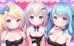  3girls :o balloon black_bow black_ribbon blonde_hair blue_bow blue_choker blue_eyes blue_hair bow breasts choker cleavage closed_mouth collarbone commentary_request grey_hair hair_between_eyes hair_ornament hairbow hairclip hand_up hands_up heart heart_balloon highres hoshino_supika large_breasts long_hair looking_at_viewer low_twintails masquerade_channel multiple_girls naked_ribbon parted_lips pink_background red_eyes ribbon sidelocks small_breasts smile star_(symbol) star_hair_ornament tenshi_nano twintails usashiro_mani very_long_hair virtual_youtuber yumemiya_alice 