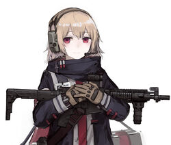  assault_rifle bag blonde_hair blue_jacket female foregrip girls&#039;_frontline gloves gun headset holding holding_weapon id_card jacket light_smile looking_at_viewer messy_hair muzzle_device rampart1028 red_eyes rifle scope scw_(girls&#039;_frontline) scw_(gun) short_hair simple_background solo tactical_clothes upper_body watch weapon white_background 