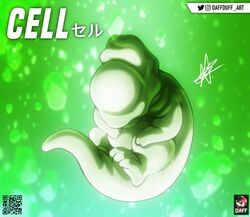  1boy artist_logo bubble cell_(dragon_ball) character_name commentary daffduff dragon_ball dragon_ball_z embryo english_commentary fetus floating full_body green_background green_theme highres instagram_logo instagram_username male_focus qr_code signature submerged twitter_logo twitter_username 