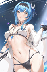  black_hairband blue_hair blush breasts brown_eyes eula_(genshin_impact) female genshin_impact hair_ornament hairband highres large_breasts looking_at_viewer medium_hair open_mouth parfaitlate sidelocks solo thighs 