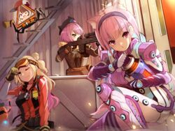  3girls ;) animal_ear_fluff animal_ears apex_legends arm_up baseball_cap beret black_hairband black_headwear blonde_hair bloodhound_(apex_legends) bloodhound_(apex_legends)_(cosplay) blue_hair bodysuit braid breasts brown_gloves brown_jacket cat_ears closed_mouth commentary_request cosplay fake_horns fang_out g7_scout gloves glowing green_eyes gun hair_bun hairband hat highres holding holding_gun holding_weapon hololive horizon_(apex_legends) horizon_(apex_legends)_(cosplay) horned_headwear horns jacket lifeline_(apex_legends) lifeline_(apex_legends)_(cosplay) long_hair loot_tick low_twintails medium_breasts megaphone minato_aqua momosuzu_nene multicolored_hair multiple_girls nekko_(momosuzu_nene) oerba_yun_fang on_one_knee one_eye_closed one_side_up oozora_subaru overfloater_horizon pink_bodysuit pink_hair purple_eyes red_eyes red_headwear red_jacket robot single_hair_bun smile sue_(bg-bros) tokoyami_towa twin_braids twintails two-tone_hair very_long_hair virtual_youtuber vital_signs_lifeline weapon whistle white_bodysuit wise_warrior_bloodhound 