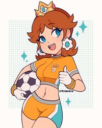  ball blue_eyes brown_hair commentary cremanata crop_top crown earrings english_commentary female flipped_hair flower_earrings gloves highres jewelry mario_(series) mario_strikers medium_hair midriff navel official_alternate_costume open_mouth orange_shirt orange_shorts princess_daisy shirt short_shorts shorts simple_background soccer_ball strikers_daisy super_mario_strikers teeth thumbs_up upper_teeth_only white_background white_gloves 