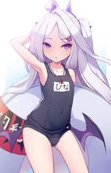  ahoge arm_behind_head arm_up armpits blue_archive blue_one-piece_swimsuit covered_navel demon_wings female grey_hair hair_ornament hairclip highres hina_(blue_archive) hina_(swimsuit)_(blue_archive) lifebuoy long_hair low_wings name_tag one-piece_swimsuit purple_eyes school_swimsuit shishikai slit_pupils solo swim_ring swimsuit thighs very_long_hair wings 