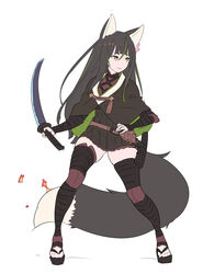  absurdres animal_ears ass_visible_through_thighs belt black_dress black_hair brown_capelet brown_eyes capelet closed_mouth commentary dress enkyo_yuuichirou female fighting_stance flower fox_ears fox_tail full_body hair_flower hair_ornament highres holding holding_sword holding_weapon katana kitsunegasaki_tametsugu_(tenka_hyakken) layered_sleeves legs_apart long_hair long_sleeves multicolored_hair ninja pink_flower sandals scabbard sheath short_dress short_over_long_sleeves short_sleeves simple_background skindentation solo streaked_hair sword tail tenka_hyakken thighhighs weapon white_background zouri 