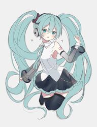  absurdly_long_hair aqua_eyes aqua_hair aqua_ribbon bad_id bad_twitter_id bare_shoulders black_skirt black_thighhighs commentary detached_sleeves female full_body grey_background hair_ornament hand_up hatsune_miku hatsune_miku_(nt) headphones highres layered_sleeves legs_up long_hair miniskirt neck_ribbon noneon319 open_mouth piano_print piapro pleated_skirt ribbon see-through see-through_sleeves shirt shoulder_tattoo skirt sleeveless sleeveless_shirt solo tattoo thighhighs twintails very_long_hair vocaloid white_shirt white_sleeves zettai_ryouiki 