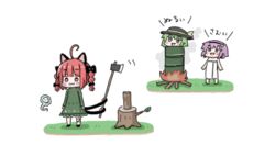  3girls :3 ahoge animal_ears axe bare_shoulders barefoot barrel black_bow black_footwear black_hairband black_headwear black_ribbon blue_fire blunt_bangs blush boiling bow braid cat_ears chibi closed_mouth dress fire flaming_skull floating_skull full_body grass green_dress green_eyes green_hair hair_ribbon hairband hairbow hat heart hitodama holding holding_axe holding_with_tail kaenbyou_rin komeiji_koishi komeiji_satori leaf leg_ribbon log long_hair long_sleeves motion_lines multiple_girls multiple_tails naked_towel nekomata outdoors petticoat prehensile_tail purple_eyes purple_hair red_eyes red_hair renge_(geso) ribbon short_hair siblings simple_background sisters smoke standing tail touhou towel translated tree_stump tress_ribbon twin_braids twintails two_tails white_background 