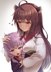  2girls absurdres age_difference aged_down aged_up ahoge black_jacket black_skirt blush brown_eyes brown_hair commentary criss-cross_halter dress hair_tubes halterneck headgear headpat heart highres holding_hands jacket japanese_clothes kimono long_hair looking_at_another multiple_girls obi oerba_yun_fang open_mouth purple_dress purple_eyes purple_hair sash sidelocks skin_fang skirt smile sweatdrop touhoku_kiritan very_long_hair vocaloid voiceroid white_kimono yasuhara_roku yuzuki_yukari 