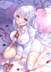  :d bandaged_leg bandages between_legs blush bow box box_of_chocolates braid breasts candy chocolate collared_shirt commentary_request dress_shirt female food food_between_breasts grey_hair hair_between_eyes hair_ribbon hand_between_legs heart heart-shaped_box heart-shaped_chocolate heart-shaped_pillow highres indie_virtual_youtuber indoors large_breasts long_hair long_sleeves looking_at_viewer naito_mare_(vtuber) on_bed pillow pink_bow purple_eyes ribbon romaji_text shirt smile solo valentine very_long_hair virtual_youtuber white_ribbon white_shirt yuyuko_(yuyucocco) 