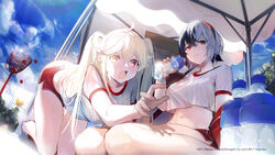  2girls absurdres azur_lane black_hair blonde_hair bluecher_(azur_lane) bottle breasts bruenhilde_(azur_lane) bruenhilde_(grain-seizing_grani)_(azur_lane) crop_top cropped_shirt drinking gym_uniform hair_ribbon headband highres jacket kneeling loading_screen medium_breasts multicolored_hair multiple_girls navel nishikikope official_alternate_costume official_art open_clothes open_mouth outdoors red_eyes red_ribbon red_shorts ribbon shirt short_hair short_sleeves shorts sitting split-color_hair sweat sweaty_clothes twintails two-tone_hair umbrella wariza water_bottle white_hair white_shirt zipper 