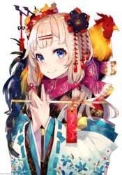  arrow_(projectile) artist_name bird blonde_hair blue_eyes blush chicken chinese_zodiac commentary_request female floral_print flower hair_flower hair_ornament hair_ribbon hairclip hamaya highres holding holding_arrow japanese_clothes kanzashi kimono long_sleeves looking_at_viewer low_twintails male_chicken mika_pikazo new_year obi original own_hands_together ribbon sash scarf signature smile solo tress_ribbon tsumami_kanzashi twintails upper_body white_background wide_sleeves year_of_the_rooster 