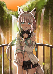  absurdres ahoge animal_ear_fluff animal_ears black_shorts blue_neckerchief blush braid breasts chinese_commentary collarbone commentary crying detached_sleeves dusk female forest fox_ears fox_girl fox_tail green_eyes hair_between_eyes hand_on_hand hand_on_own_chest highres hololive hood hoodie light_particles long_hair looking_at_viewer midriff mixed-language_commentary natsuki_(digretking) nature navel neckerchief open_mouth outdoors outstretched_arm pov pov_hands railing rainbow shirakami_fubuki shirakami_fubuki_(1st_costume) short_shorts shorts sidelocks single_braid small_breasts solo_focus tail tears virtual_youtuber water waterfall white_hair white_hoodie 