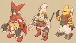  1boy 2girls axe beanie belt black_belt black_hair black_mage_(final_fantasy) blonde_hair caterpillar_tracks drill dual_wielding final_fantasy final_fantasy_tactics fusion getter-1 getter-2 getter-3 getter_robo getter_robo_(1st_series) gloves hat helmet holding holding_axe holding_polearm holding_shield holding_weapon lance mecha_musume multiple_girls open_hand pants parody personification polearm red_eyes red_gloves red_skirt scarf shield skirt spikes style_parody weapon white_gloves white_pants wu_niang yellow_eyes yellow_headwear yellow_scarf yellow_skirt yoshida_akihiko_(style) 