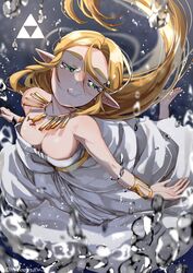  absurdres bare_shoulders barefoot belt blonde_hair bracer breasts bubble cleavage closed_eyes dress english_commentary female gown hair_between_eyes hanaberin highres jewelry large_breasts long_dress long_hair necklace no_bra pointy_ears princess_zelda solo strapless strapless_dress the_legend_of_zelda the_legend_of_zelda:_breath_of_the_wild thick_eyebrows triforce underwater very_long_hair white_dress 