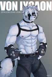  2022 absurd_res anthro artist_name belt black_clothing canid canine canis clothed clothing english_text fur gloves hair handwear harness hi_res looking_at_viewer male mammal mihoyo muscular muscular_anthro muscular_male name_in_background one_eye_obstructed rofu_kagazaki simple_background solo text title topless topless_anthro topless_male von_lycaon white_body white_fur white_hair wolf zenless_zone_zero 