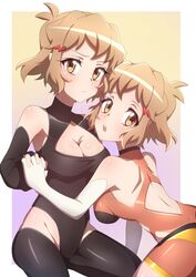  2girls bad_id bad_pixiv_id bare_shoulders black_gloves black_leotard black_thighhighs blonde_hair blush breasts brown_eyes cleavage cleavage_cutout closed_mouth clothing_cutout commentary_request dual_persona elbow_gloves gloves groin hair_ornament hairclip highres holding_hands large_breasts leotard looking_at_viewer medium_breasts multiple_girls open_mouth selfcest senki_zesshou_symphogear shiny_skin short_hair shoulder_blades tachibana_hibiki_(symphogear) tachibana_hibiki_(symphogear)_(another) thighhighs white_gloves yukitsuba_hina yuri 