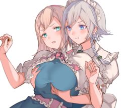  2girls :t alice_margatroid apron aqua_eyes back_bow bad_id bad_twitter_id blonde_hair blue_dress blue_eyes blush bow braid breast_envy breasts capelet closed_mouth commentary_request dress eyelashes frilled_capelet frilled_hairband frills grabbing grabbing_another&#039;s_breast grabbing_from_behind green_ribbons grey_hair hair_ribbon hairband izayoi_sakuya large_breasts lolita_hairband maid maid_apron maid_headdress multiple_girls open_mouth pout puffy_short_sleeves puffy_sleeves red_hairband ribbon sash short_hair short_sleeves sidelocks simple_background soku_(bluerule-graypray) standing sweatdrop touhou tress_ribbon twin_braids white_background white_capelet white_sash wing_collar yuri 