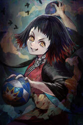  ball bird black_hair earrings female highres holding holding_ball japanese_clothes jewelry kimetsu_no_yaiba kimono making-of_available matcho multicolored_hair orange_hair parted_lips photoshop_(medium) short_hair smile solo susamaru_(kimetsu_no_yaiba) temari_ball two-tone_hair upper_body veins yellow_eyes 