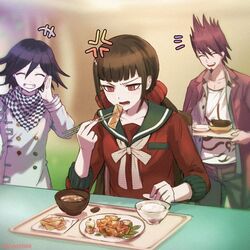  2boys ^_^ anger_vein annoyed bad_id bad_twitter_id beard black_pants black_sailor_collar blunt_bangs bowl brown_hair checkered_clothes checkered_scarf chopsticks closed_eyes collarbone commentary_request danganronpa_(series) danganronpa_v3:_killing_harmony eating facial_hair female food goatee grin hair_between_eyes hair_ornament hair_scrunchie hajime_(gitoriokawaii) harukawa_maki holding holding_chopsticks jacket long_hair long_sleeves low_twintails mole mole_under_eye momota_kaito multiple_boys oma_kokichi pants pink_jacket plate print_shirt purple_hair red_eyes red_scrunchie red_shirt rice_bowl sailor_collar scarf school_uniform scrunchie shirt short_hair sitting sleeves_past_elbows smile spiked_hair straitjacket teeth twintails upper_teeth_only white_jacket white_shirt 