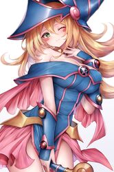  bad_id bad_twitter_id bare_shoulders blonde_hair blue_dress blush blush_stickers breasts cleavage cowboy_shot dark_magician_girl dress duel_monster female frills green_eyes hat highres jewelry large_breasts long_hair one_eye_closed pink_skirt simple_background skirt smile snm_(sunimi) solo star_(symbol) white_background witch_hat wizard_hat yu-gi-oh! 