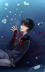  1boy air_bubble black_hair blue_eyes bubble cherry_blossoms commentary_request endend_(shinia) flower horikawa_kunihiro male_focus open_mouth photoshop_(medium) profile smile solo touken_ranbu underwater 