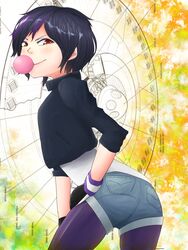  ass big_hero_6 black_hair blowing_bubbles brown_eyes chewing_gum commentary cropped_jacket denim denim_shorts female gogo_tomago highres looking_back mike_aki multicolored_hair purple_hair short_hair short_shorts shorts smile solo spandex two-tone_hair wristband 