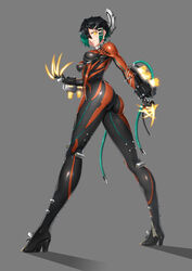  absurdres aqua_hair ass black_bodysuit black_hair blush bodysuit breasts chinese_commentary claws closed_mouth commentary_request covered_nipples energy energy_blade energy_claws energy_weapon exalted_weapon_(warframe) female from_behind full_body glowing glowing_claws glowing_weapon gradient_hair grey_background hair_ornament hair_over_one_eye hairclip headgear highres humanization kai_(pixiv12466647) long_legs looking_at_viewer looking_back medium_breasts melee_weapon_(warframe) multicolored_bodysuit multicolored_clothes multicolored_hair orange_bodysuit personification photoshop_(medium) science_fiction shiny_clothes short_hair simple_background skin_tight solo standing valkyr_(warframe) warframe weapon yellow_eyes 