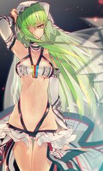  altera_(fate) altera_(fate)_(cosplay) arm_up armpits ass_visible_through_thighs bandeau breasts brown_eyes c.c. choker code_geass collarbone cosplay cowboy_shot creayus detached_sleeves fate/grand_order fate_(series) female green_hair hair_ornament hair_over_one_eye long_hair medium_breasts navel sidelocks solo tattoo thigh_gap veil wind 