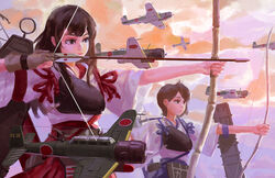  2girls aiming aircraft airplane akagi_(kancolle) archery arrow_(projectile) b6n_tenzan bad_id bow_(weapon) brown_eyes brown_hair doyora fingerless_gloves gloves hakama hakama_skirt japanese_clothes kaga_(kancolle) kantai_collection kyuudou long_hair multiple_girls muneate photoshop_(medium) red_hakama short_hair side_ponytail single_glove skirt weapon 