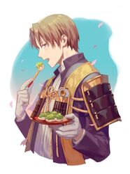  1boy armor brown_hair commentary_request cropped_torso curtained_hair eating food fork from_side glint gloves heshikiri_hasebe holding holding_food japanese_armor long_sleeves looking_at_viewer male_focus open_mouth parted_bangs petals pink_eyes plate profile shoulder_armor signature sode solo touken_ranbu upper_body wagashi white_gloves yamakawa zunda_mochi 