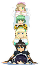  5girls animal_ears aqua_eyes artist_request black_hair blonde_hair bow breast_rest breasts breasts_on_head bridal_gauntlets brown_hair cat_ears coat eyepatch gloves green_eyes green_hair grin hairbow haruka_(senran_kagura) headdress hikage_(senran_kagura) homura_(senran_kagura) huge_breasts labcoat long_hair mirai_(senran_kagura) multiple_girls ponytail red_eyes senran_kagura senran_kagura_(series) smile tongue tongue_out totem_pole wink yellow_eyes yomi_(senran_kagura) 