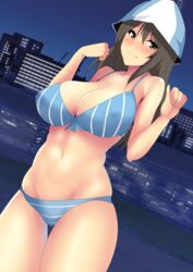  bikini blue_bikini blue_hat blush bow bow_bikini breasts brown_eyes brown_hair building cityscape cleavage closed_mouth commentary_request cowboy_shot dutch_angle female girls_und_panzer hat hifumi_hajime highres lake large_breasts long_hair looking_at_viewer mika_(girls_und_panzer) navel night night_sky reflection skindentation sky smile solo striped_bikini striped_clothes swimsuit thigh_gap tulip_hat vertical-striped_bikini vertical-striped_clothes w_arms 