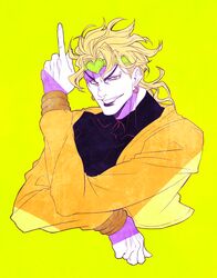  1boy bad_id bad_pixiv_id blonde_hair dio_brando headband heart highres jacket jojo_no_kimyou_na_bouken male_focus matcha_cream_v pointing red_eyes solo stardust_crusaders yellow_jacket 