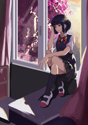  absurdres black_hair black_skirt black_socks commentary curtains female highres indoors kneehighs kuzu_no_honkai liutiao nail_polish photoshop_(medium) pink_nails purple_eyes school_uniform shoes short_hair sitting skirt socks solo sweater_vest uwabaki window windowsill yasuraoka_hanabi 