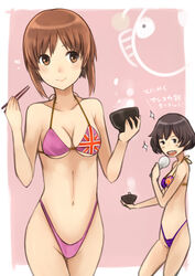  2girls akiyama_yukari bad_id bad_pixiv_id bikini blush bowl breasts brown_eyes brown_hair chopsticks cleavage commission commissioner_upload flag_print girls_und_panzer highleg highleg_bikini highleg_swimsuit medium_breasts multiple_girls navel nishizumi_miho print_bikini rice_bowl short_hair spatula swimsuit translation_request umasanjin union_jack union_jack_bikini 